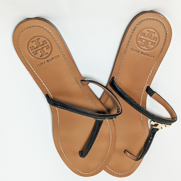 TORY BURCH Sandals Gold Logo Thong Sandle Black Size  9.5 - Picture 7 of 7